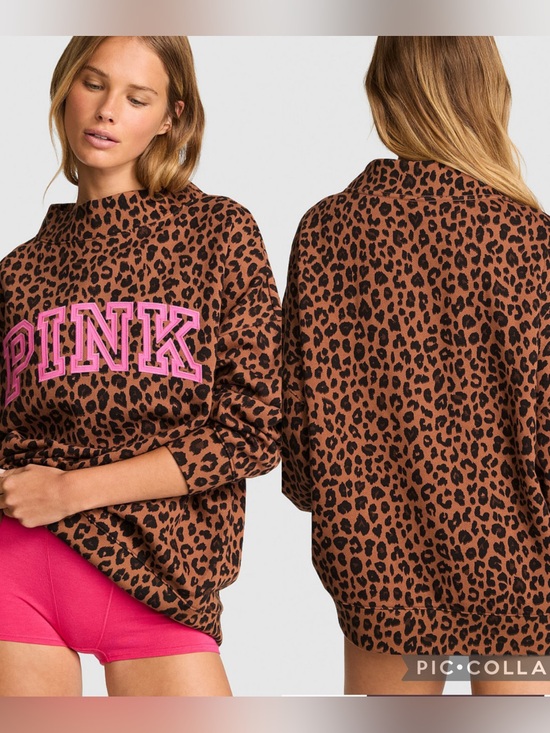 PINK Victoria's Secret Tops - PINK Victoria's Secret Brown Leopard Print Crewneck with Pink Logo